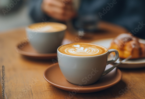 A close-up of two cups of cappuccino on an old wooden table, with one cup resting in the other's saucer, coffee
