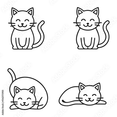 Four cute cartoon cats in different poses with simple black outlines