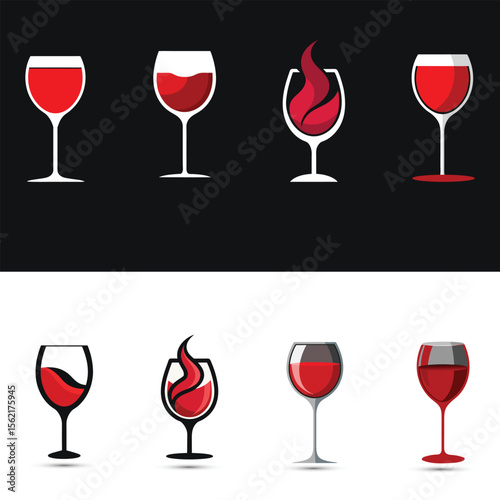 Collection of stylized wine glasses filled with red liquid showcasing different artistic interpretations of wine and its presentation