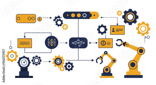 Industrial automation process vector illustration with robotic arm and gear elements for technology design