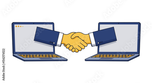 Online business agreement vector illustration - digital handshake concept for virtual collaboration and networking
