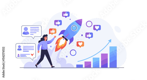 Business growth concept with rocket launch and social media engagement vector illustration for marketing design