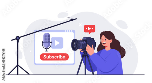 Podcast and video production concept with microphone and camera vector illustration for digital content creators
