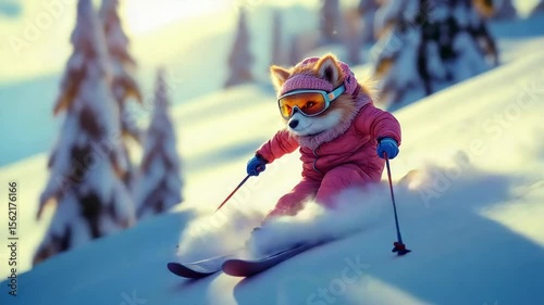 Fox-like creature skiing down a snowy hill, wearing goggles and pink winter gear