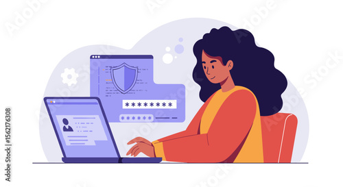 Cyber security concept vector illustration of a woman working on laptop, digital privacy, flat design for web and print