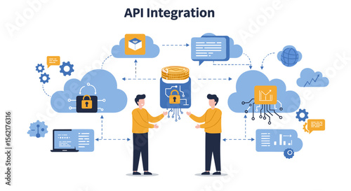 Api integration vector illustration: digital solutions and cloud technology for business communication