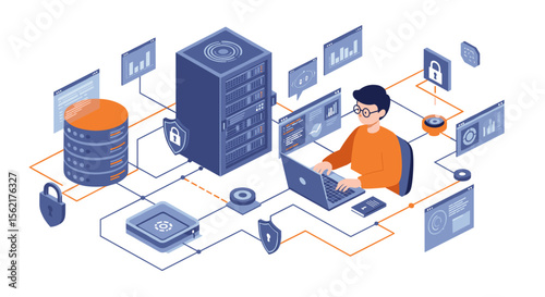 Data security and networking isometric vector illustration for digital protection design