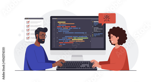 Collaborative programming concept with debugging in a modern flat vector illustration for educational posters
