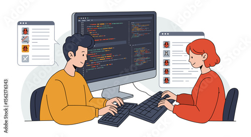 Collaborative coding session vector illustration in modern flat style for software development concepts