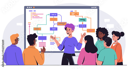 Team communication and workflow diagram in a flat vector illustration style for presentation design