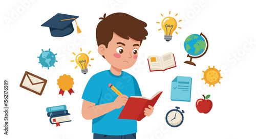 Educational success vector illustration with studious boy and symbols of learning for school poster design