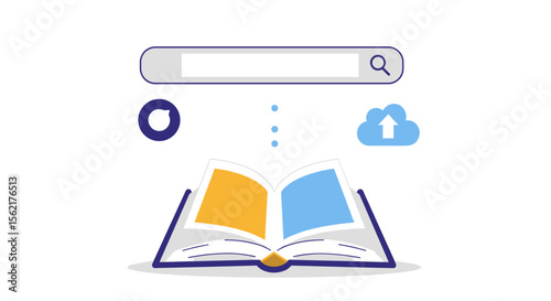 Open book and search icon vector illustration for online learning and knowledge sharing design