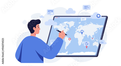 Global navigation concept with person exploring interactive world map vector illustration for web design