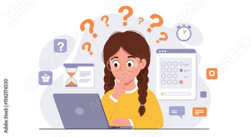 Student thinking about online exam in educational concept vector illustration for learning and study motivation design