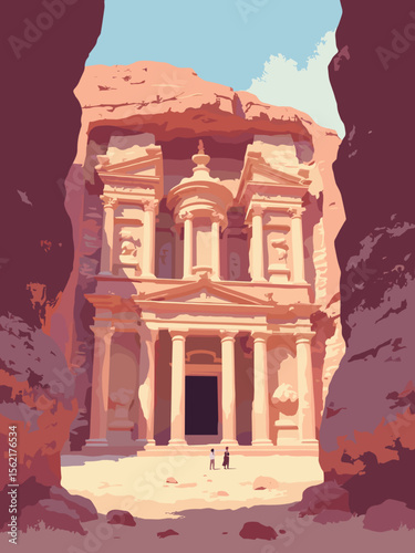 Petra’s Al‑Khazneh façade bathed in desert light with sandstone pink carvings, beige stone, deep red shadows, and golden highlights