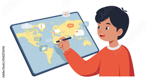 Educational vector illustration of child learning geography with interactive world map - design for teaching and learning