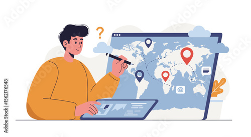 Digital travel planning vector illustration: man exploring global map for adventure design