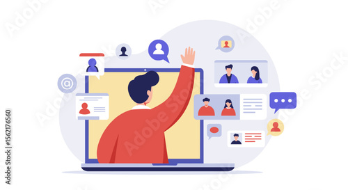 Remote communication vector illustration: online meeting and video conference concept for modern business design