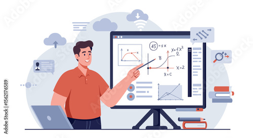 Interactive online learning vector illustration with student engaging in mathematics concepts for educational design