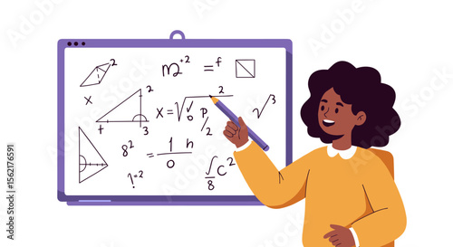 Educational mathematics vector illustration - teacher explaining math concepts on whiteboard for classroom design