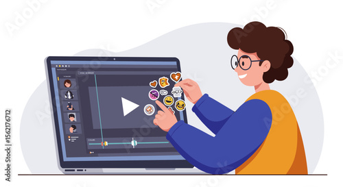 Young content creator engaged in video editing process vector illustration for digital media design