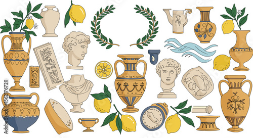 Ancient greek artifacts and symbols vector illustration for design and decor inspiration