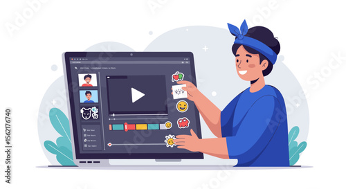 Child using educational software on laptop for creative learning vector illustration
