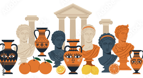 Ancient greek art vector illustration with statues, columns, and vases design for print