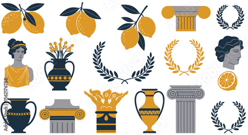 Classical greek elements vector illustration with lemons, columns, and laurel wreaths for design and decor