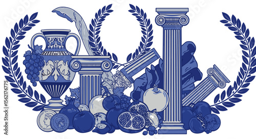 Classical antiquity vector illustration with greek columns and fruit for print design
