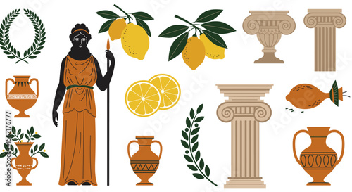 Ancient greek style vector illustration featuring goddess, columns, vases, and citrus elements for decorative design