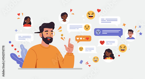 Social media communication vector illustration with diverse avatars and emoji in flat design for web and print