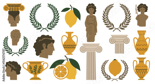 Ancient greek decorative elements vector illustration: columns, busts, and olive branches for design