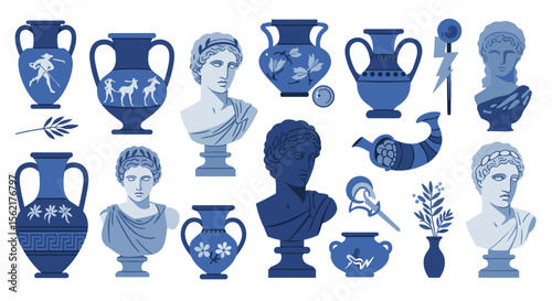 Greek art vector illustration: ancient vases and busts design for classical decor