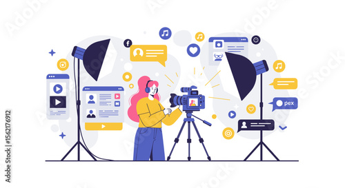 Content creation vector illustration: influencer filming in a studio with social media elements, design for digital marketing and promotion