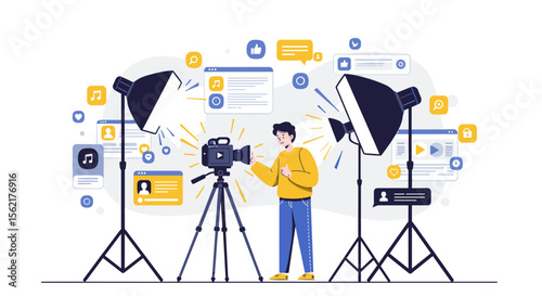 Content creation process in studio setting vector illustration - social media engagement and video production design