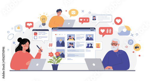Teamwork and social media engagement vector illustration - flat style design for collaborative digital workspace