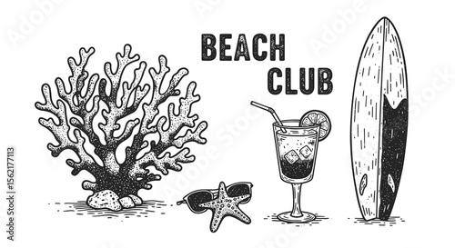 Beach club monochrome vector illustration with coral, surfboard, starfish, and cocktail for summer print design