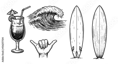 Surfing and summer beach vector illustration with surfboards, wave, cocktail, and shaka hand gesture