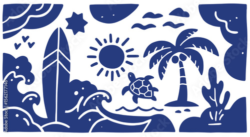 Tropical beach elements vector illustration with surfboard and palm trees for summer design