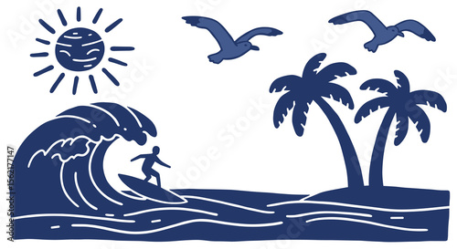Tropical surfing adventure vector illustration with palms and sun for summer design
