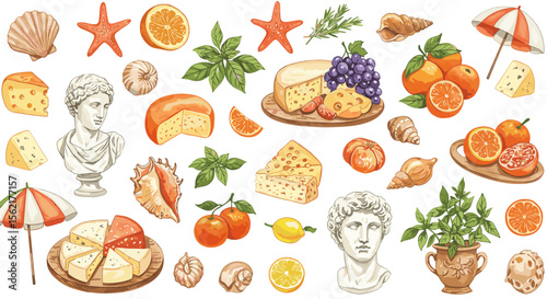 Watercolor vector illustration of mediterranean cuisine and art elements for design
