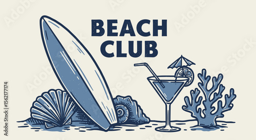Beach club vector illustration with surfboard, cocktail, and seashells - design for summer vacation poster