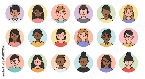 Diverse faces vector illustration for social media avatars and profile pictures in flat design