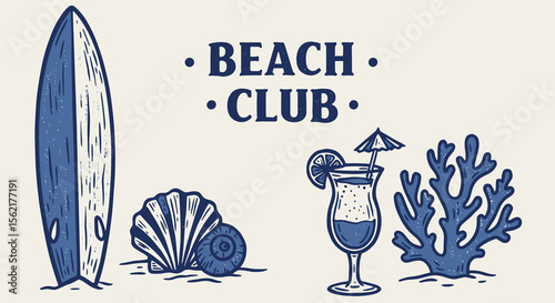 Summer beach club vector illustration with surfboard, cocktail, seashells, and coral in hand drawn style for posters or prints