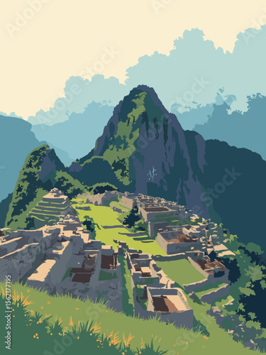 Machu Picchu terraces emerging from morning fog in moss green, cloud white mist, slate gray stones, and earthy brown