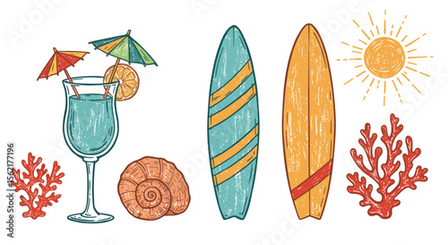 Summer beach vibes vector illustration for vacation design with tropical drinks and surfboards