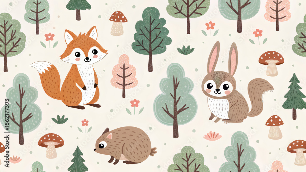 Fototapeta premium Cute Forest Animals Seamless Pattern in Soft Pastels 