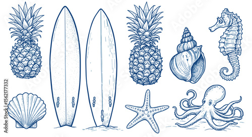 Tropical beach elements vector illustration: surfboards, pineapples, seashells, and marine life in hand drawn style for summer designs