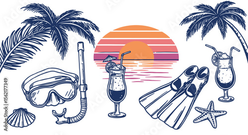 Tropical sunset beach scene vector illustration with summer and vacation elements for poster or card design